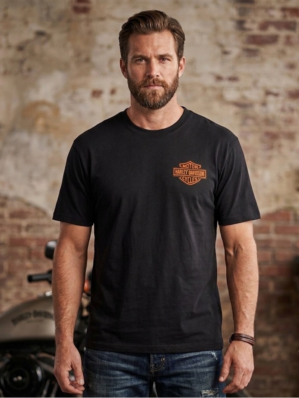 Harley-Davidson Black Short Sleeve Tee with Orange Shield Logo, Men’s Size XL